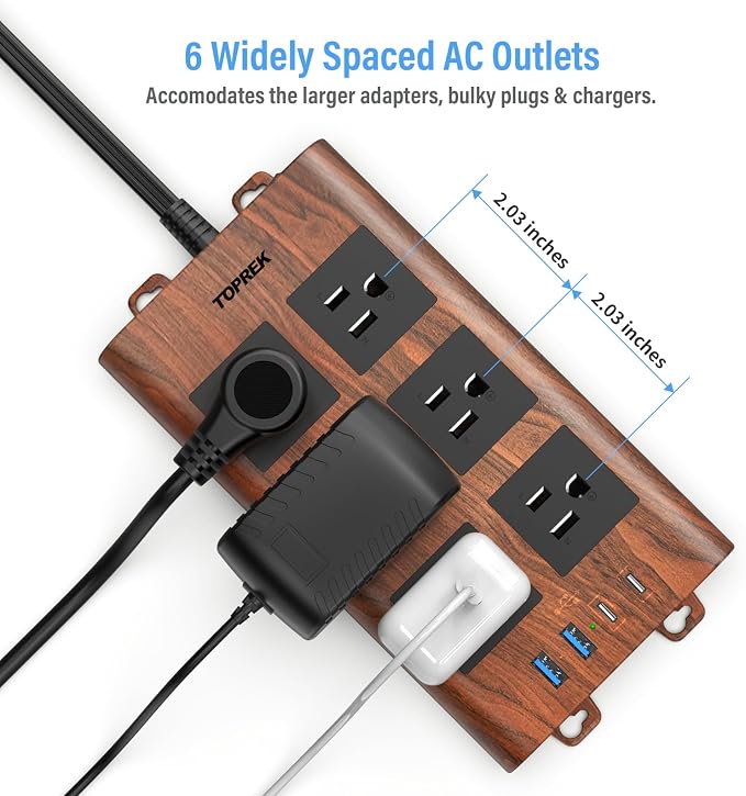 TOPREK Surge Protector Power Strip (2100J), 6 Widely-Spaced Outlets with 2 USB-C & 2 USB-A, 6.5 FT Extension Cord with Ultra-Thin Flat Plug, Wood Finish Power Strip with USB for Home, Office