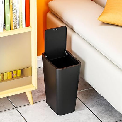 Yieach 12L Black Slim Bathroom Trash Can with Lid,3.17 Gallon Pet/Dog Proof Kitchen Trash Can,Rectangle Thin Garbage Can,Covered Waste Basket,Narrow Small Plastic Trashcan for Room,Bedroom,Office,2PCS