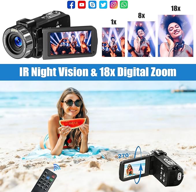4K Camcorder Video Camera, 80MP HD Vlogging Camera for YouTube with IR Night Vision, 18X Digital Zoom, 3.0" IPS Screen, SD Card, 2 Batteries