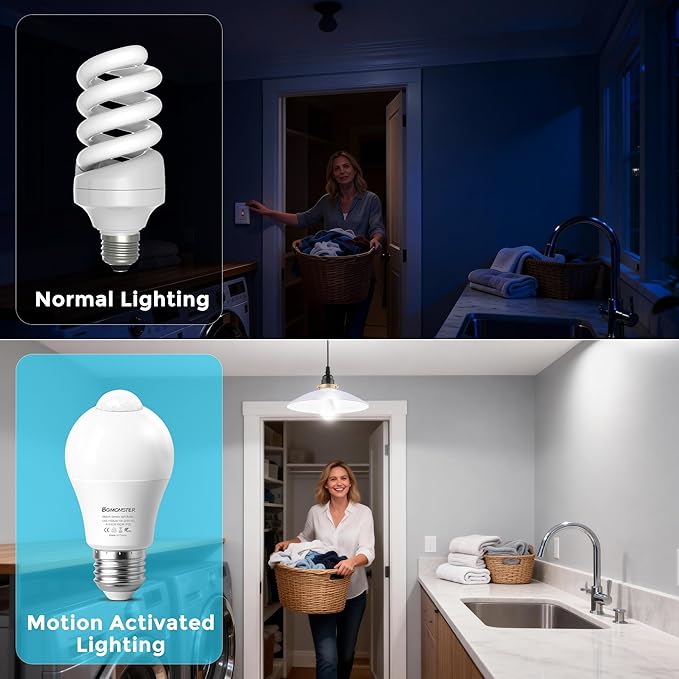 3 Pack Motion Sensor Light Bulbs, 12W(100W Equivalent) Motion Detector Light Bulb, Dusk to Dawn E26 Led Emergency Lightbulbs Indoor Outdoor for Porch Garage Hallway
