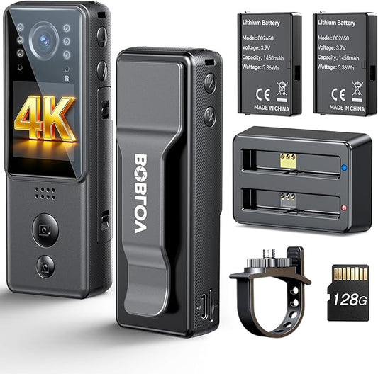 BOBLOV 4K Mini Body Camera with Video and Audio128G, 2X 1400mAh Batteries& Charging Dock, A29 Body Wearable Camera with Night Vision & Bike Mount for Security, Vlogging, Pet, Cycling, Daily Recording