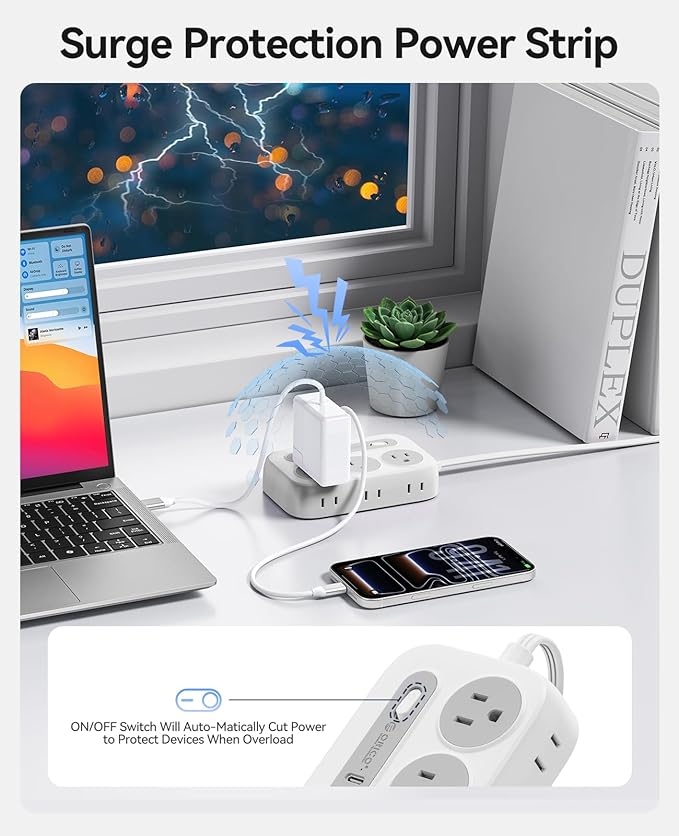 ORICO Surge Protector Power Strip, PD20W Multiple Outlets Extension Cord with 6 AC Outlets and 4 USB Charging Ports (2 USB-C), 45° Flat Plug, 5 Ft Mountable Outlet Extender for Home/Office/Dorm - OG