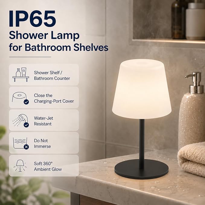 IP65 Waterproof Shower Lamp, Cordless Rechargeable Table Lamp, Black | 4000mAh Battery Operated Lamp, Spa-Like Glow for Showers, Vanity, Bedside and Patios; 3 Color Temperatures, Touch Dimming