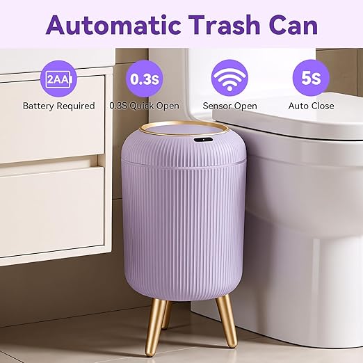 Procade Bathroom Trash Can Automatic Touchless,3 Gallon Motion Sensor Trashcan Soft Close Lid,Smart Garbage Can with Removable Leg,Purple Waste Basket Plastic Trash Can for Kitchen,Bathroom,rv,Office