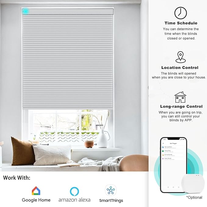 Changshade Motorized Cellular Shades for Windows Smart Blinds with Remote Control, Custom Size Compatible with Alexa, Google Home, Blackout, White