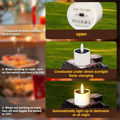 HL Solar Tea Lights Outdoor Waterproof, 8PCS 2.4''x2'' Flickering Flameless Candles, Dusk to Dawn Rechargeable Battery LED Tea Lights for Lantern, Garden, Camping, Home Decor (Warm White)