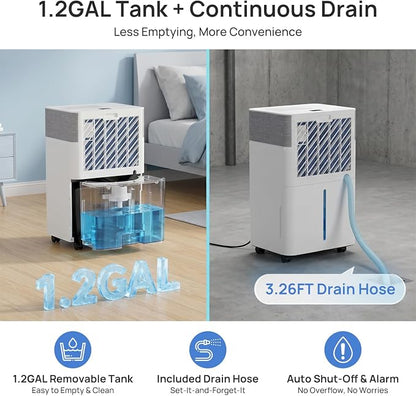 Uthfy 5000Sq.Ft Dehumidifier for Basement with Drain Hose,Large Quiet Smart Compressor Dehumidifiers for Home/Bedroom/Bathroom,Reusable Filter,Dual-Screen,Child Lock,Intelligent Humidistat,24H Timer