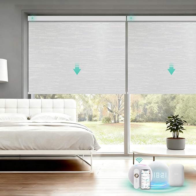 Motorized Blinds with Remote, Blackout Smart Automatic Electric Blinds for Windows Compatible with Alexa Homekit, Cordless Indoor Motorized Roller Shades with Custom Size（Moonbeam Lace）