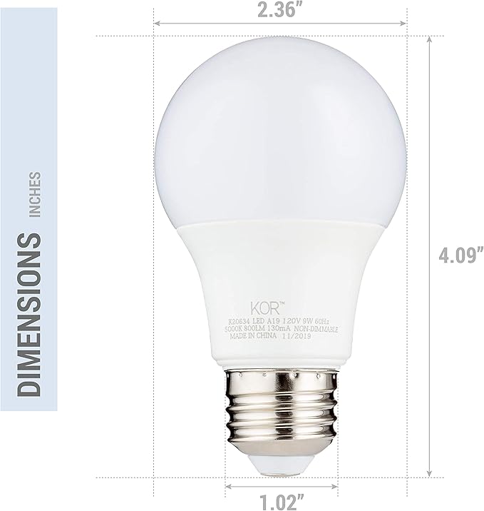 KOR 6 Pack A19 LED Light Bulb, 60W Equivalent, 5000K Bright White, 800 Lumens, Efficient 9 Watt Replacement Bulbs with E26 Standard Base, 15000 Long Life Hours, Non-Dimmable, 80+ CRI, UL Listed