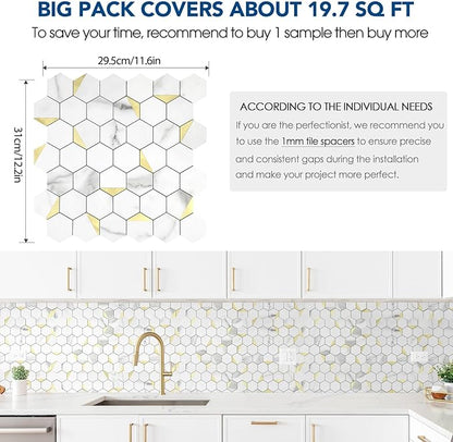 20-Sheet Heavy-Duty Hexagon Peel and Stick Backsplash, Thick Waterproof &Heat Resistant Stick on Wall Tiles, Marble White Mosaic for Kitchen & Bathroom, Strong Adhesive Permanent PVC Tiles