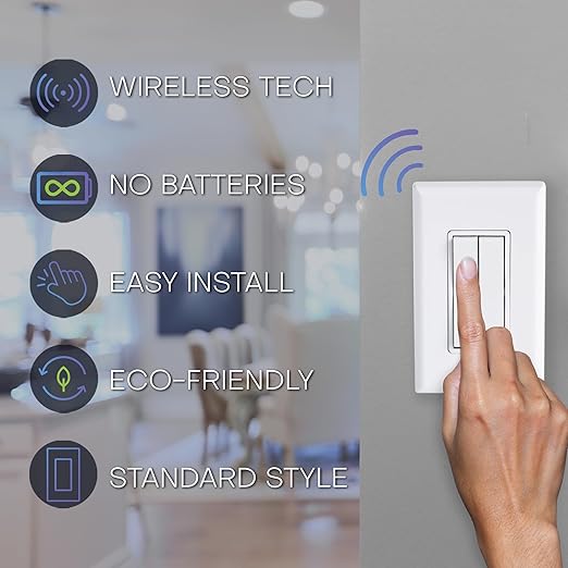 RunLessWire Fan & Light Battery-Free DIY Wireless Light Switch Kit 150ftRF Range Kinetic for Bathrooms & Ceiling Fans: 1 Dual Remote Switch Controls 2 5A On/Off Receivers Separately White