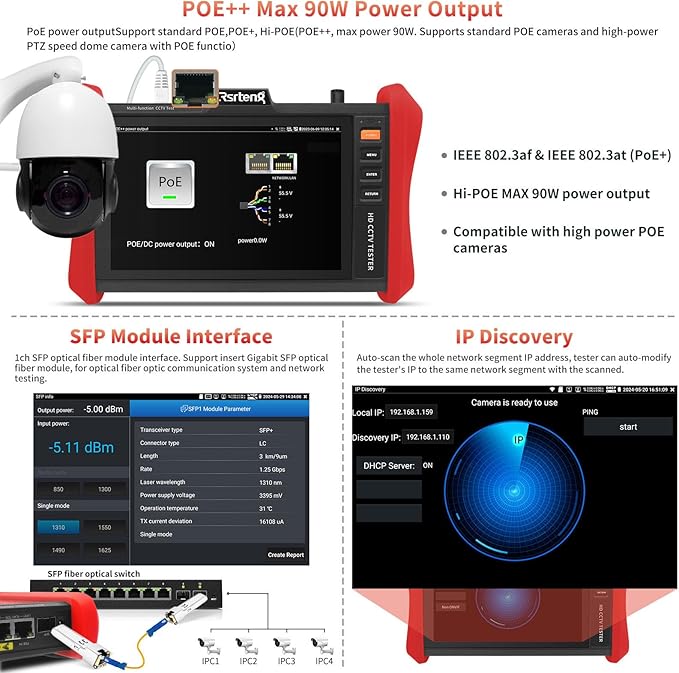 Rsrteng CCTV Tester 4K 12MP IP Camera Tester POE++ Max 90W POE Camera Test 8" 1920x1200 IPS Touch Screen 1CH SFP Module WiFi Network Tools Cable Test POE Detection Power Management APP Update
