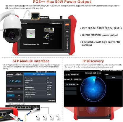 Rsrteng CCTV Tester 4K 12MP IP Camera Tester POE++ Max 90W POE Camera Test 8" 1920x1200 IPS Touch Screen 1CH SFP Module WiFi Network Tools Cable Test POE Detection Power Management APP Update