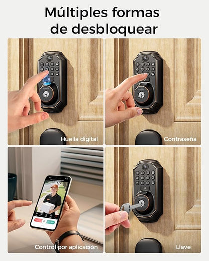 Keyless Entry Deadbolt with Handle Set - WiFi Smart Lock with Camera, 5-in-1 Camera+Doorbell+Fingerprint+Keypad, App Control, Auto Lock, Easy Install, Waterproof for Front Door（Black）