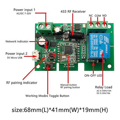 Tuya Zigbee 1 Channel Smart Relay Module USB5V 7-32V Micro Switch with 433MHz RF Remote Control Light Switch Compatible with Alexa Google Home (Requires ZigBee Hub)