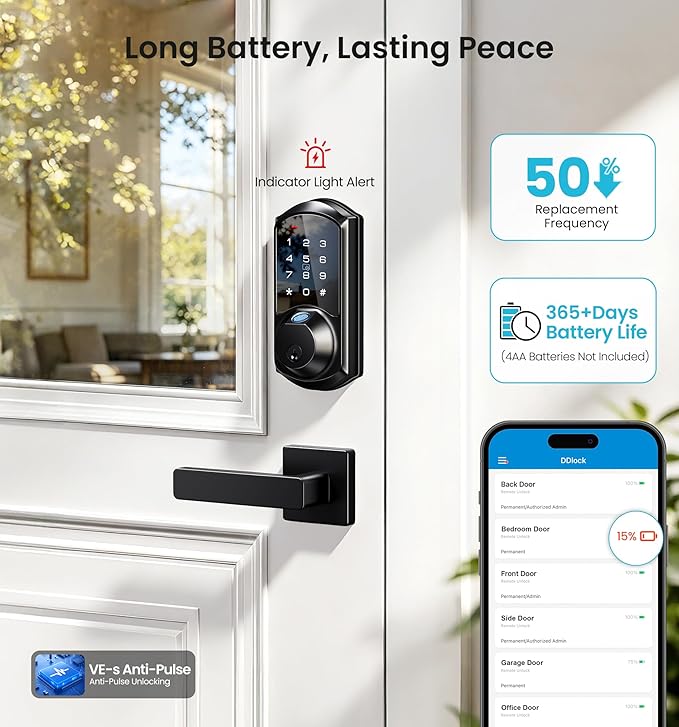 Veise VE07-L Fingerprint App Control Smart Locks with Heavy-Duty Zinc Alloy Handles, Keyless Entry for Front Door, Digital Electronic Touchscreen, Auto Lock, Waterproof, Easy Install, Matte Black