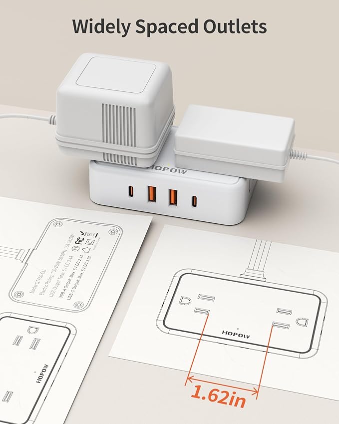 Flat Plug Extension Cord, 6 Ft Ultra Thin Power Strip with 4 AC Wide Spaced Outlets and 4 USB (2 USB-C) Ports, No Surge Protector for Cruise Ship, White Extension Cord for Travel Home Office
