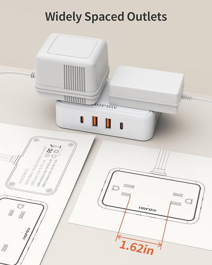 Flat Plug Extension Cord, 6 Ft Ultra Thin Power Strip with 4 AC Wide Spaced Outlets and 4 USB (2 USB-C) Ports, No Surge Protector for Cruise Ship, White Extension Cord for Travel Home Office
