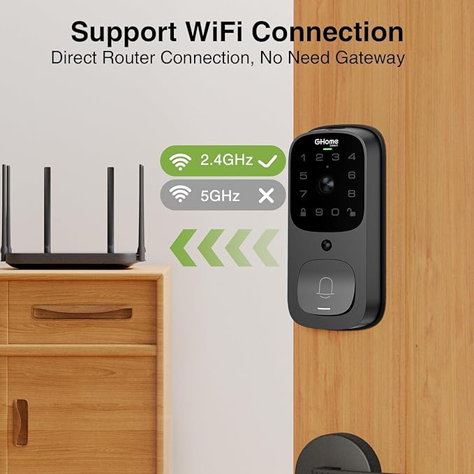 GHome Smart 3 in 1 Door Lock with Fingerprint,WiFi,Keyless Entry Smart Deadbolt, 2K HD Camera, 2.4GHz, App Remote Control, Smart Door Knob with Doorbell