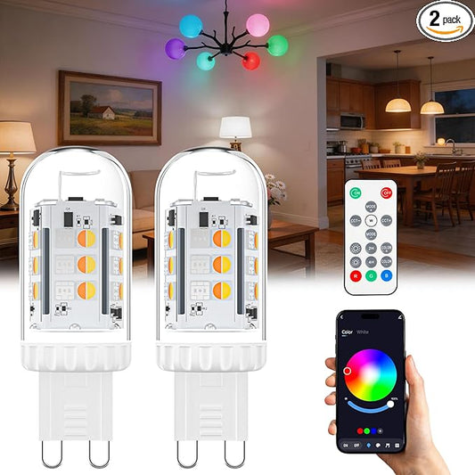Bluetooth Smart G9 Bulb, Glass Cover G9 LED Bulb 3W 25W Halogen Lights Equivalent, G9 Bi-Pin Base, 16 Million Colors Bluetooth App & Remote Control Light Bulb, 2-Pack
