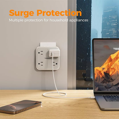 TESSAN Multi Plug Outlet Extender, Surge Protector Outlet 3 USB (1 USB C) | Wall Charger, Multiple Outlet Wall Plug, USB Outlet Splitter for Home, Bathroom, Office, Dorm Room Essentials, Gray