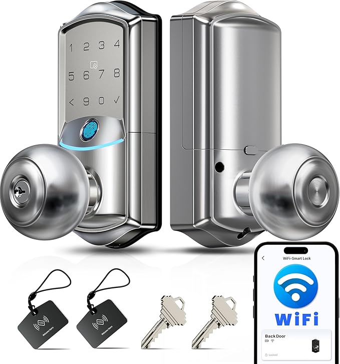 Veise VE028 Built-in Wi-Fi Smart Lock with Knob, Fingerprint Keyless Entry with Handle, App Remote & Voice Control, Electronic Digital Keypad for Front Door and Bedroom, IP65 Waterproof, Satin Nickel