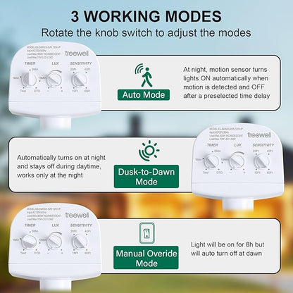 2 Pack 240-Degree Replacement Motion Sensor, Adjustable LUX(5-300) & Time & Detection Sensitivity Up to 60 Feet Range, 3 Working Modes Outdoor Motion Detector for Security Floodlight, White