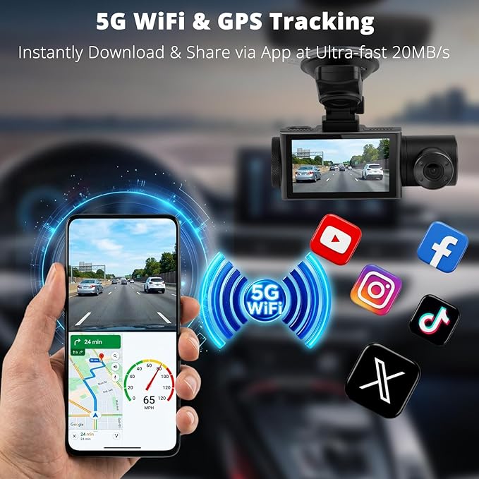 3 Channel Dash Cam 4K+2K+2K, 170° Ultra Wide Angle Triple Car Camera, Pro Night Vision, 5GHz High-Speed WiFi (2.4X Faster), GPS, G-Sensor, 24H Parking Mode, 64GB Card Included JMKANGMA