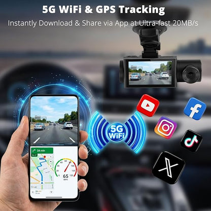 3 Channel Dash Cam 4K+2K+2K, 170° Ultra Wide Angle Triple Car Camera, Pro Night Vision, 5GHz High-Speed WiFi (2.4X Faster), GPS, G-Sensor, 24H Parking Mode, 64GB Card Included JMKANGMA