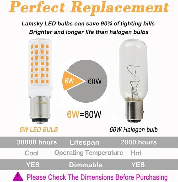 BA15D Led Bulbs 6W Dimmable 120V,B15 Double Contact Bayonet Base,Soft Warm White 3000K,60W JD Type T3/T4 Halogen Equivalent Replaces for Pendants Ceiling Fans Sewing Machine Light(6-Pack)