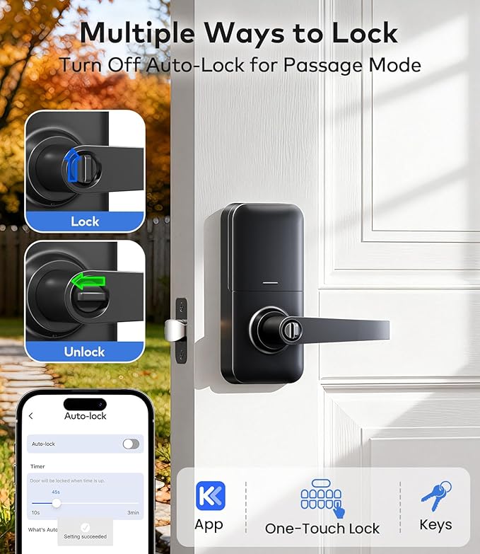 TEEHO TE019 Smart Keypad Door Lock with Handle, App Control, Keyless Entry Electronic Lock, Remote One-Time Codes, Auto Lock, Passage Mode, for Bedroom, Interior Door & Rental, Matte Black