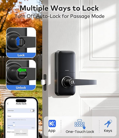 TEEHO TE019 Smart Keypad Door Lock with Handle, App Control, Keyless Entry Electronic Lock, Remote One-Time Codes, Auto Lock, Passage Mode, for Bedroom, Interior Door & Rental, Matte Black