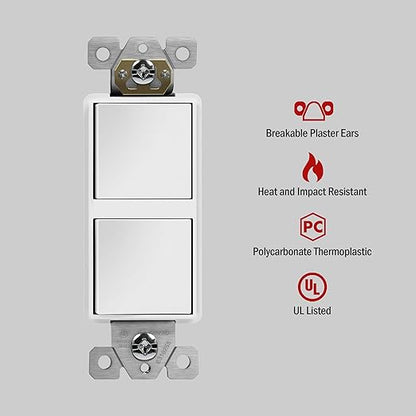 ENERLITES White Double Paddle Decorator Single Pole Switch, 15A, 5 Pack