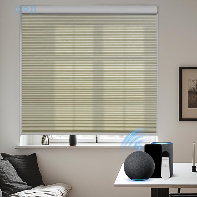 BERISSA Motorized Cellular Shades, Light Filtering Smart Honeycomb Blinds with Remote Control & Hub, Custom Room Darkening Automatic Cellular Window Blinds for Home Office, Living Room, Door,Beige