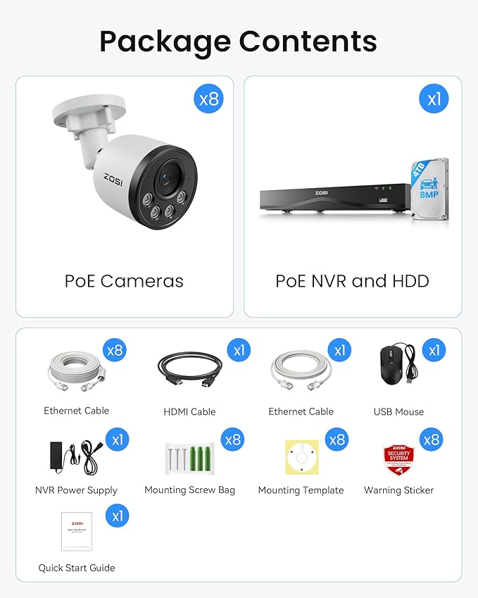ZOSI 32CH 4K PoE Security Camera System, 8pcs 8MP Outdoor Indoor Cameras with Audio, Person Vehicle Detection, People Counting, Night Vision, 16-Port 32-Channel NVR with 4TB HDD for 24/7 Recording