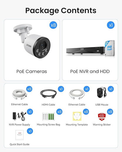 ZOSI 32CH 4K PoE Security Camera System, 8pcs 8MP Outdoor Indoor Cameras with Audio, Person Vehicle Detection, People Counting, Night Vision, 16-Port 32-Channel NVR with 4TB HDD for 24/7 Recording