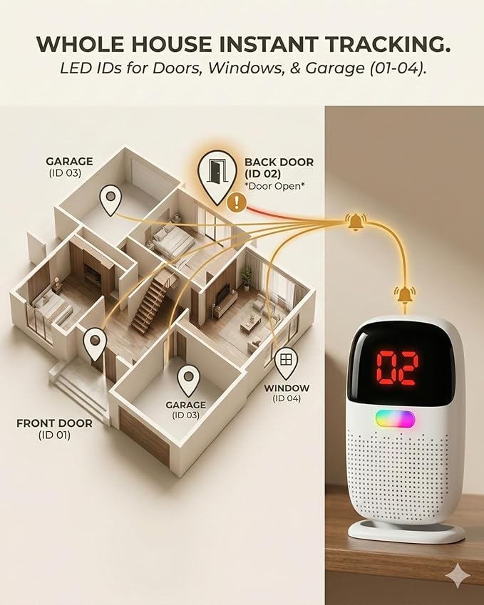 PILSAMAS Rechargeable Whole House Door Alarm System for Wandering Seniors | 1 Receiver 4 sensors, Full rechargeable, 1000ft range, Portable LED ID receiver, Vibrate, No monthly fee, For elderly & kids