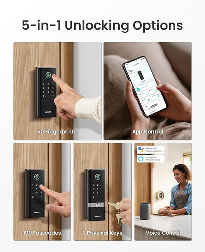 DESLOC Smart Lock K120 with GPT 3D Fingerprint, 15,000mAh Battery (Up to 16 Months), Keyless Entry Door Lock with Built-in WiFi, IP65 BHMA Grade 3 Deadbolt for Home, Rental & Airbnb, Black
