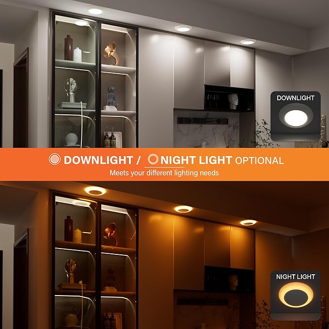 6 Inch LED Low Profile Disk Light with Night Light, 120VAC, 15W, 5CCT Color Changing, 1000LM, Dimmable, ETL, Shower Wet Rated Screw in Flush Mount Ceiling Light, White/8 Packs