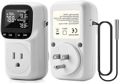 Diymore Digital Plug in Thermostat Outlet Temperature Controller Electric Digital Thermostat Heating Cooling Mode Timer Socket 120V Heating Cooling Control 110V 15A Celsius Fahrenheit Display, White