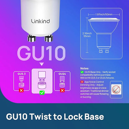 Linkind GU10 Smart Light Bulbs, 40W 470LM Color Changing Light Bulbs, Works with Alexa/Apple Home/Google Home, Dimmable(1800K-6500K), Music Sync & Light Shows, 4Pack