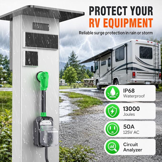 GEARGO RV Surge Protector 50 Amp, 𝟐𝟎𝟐𝟔 𝐍𝐞𝐰 𝐔𝐩𝐠𝐫𝐚𝐝𝐞𝐝 50 Amp Surge Protector for RV, RV Circuit Analyzer IP68 Waterproof, RV Adapter Plug for Camper Travel Trailers