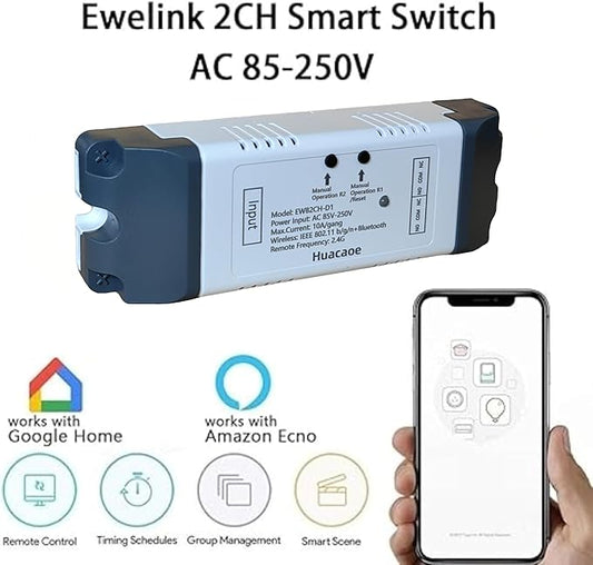 EweLink 2CH 85-250V WiFi RF Wireless Switching Relay,Point/Self-Locking Interlock Mode,App Smart Remote Control for Smart Home, Access Control, Garage Door,Compatible with Alexa Google Home