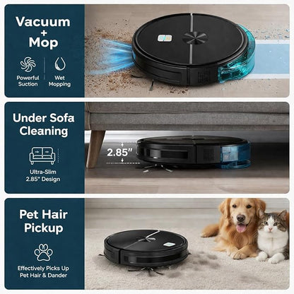 Smart Robot Vacuum Cleaner & Mop, 5000Pa Suction Auto Sweep & Mop, Carpet Boost, Edge & Spot Cleaning | App, Remote & Button Control Auto Recharge, 110 Min Runtime for Hard Floors & Pet Hair