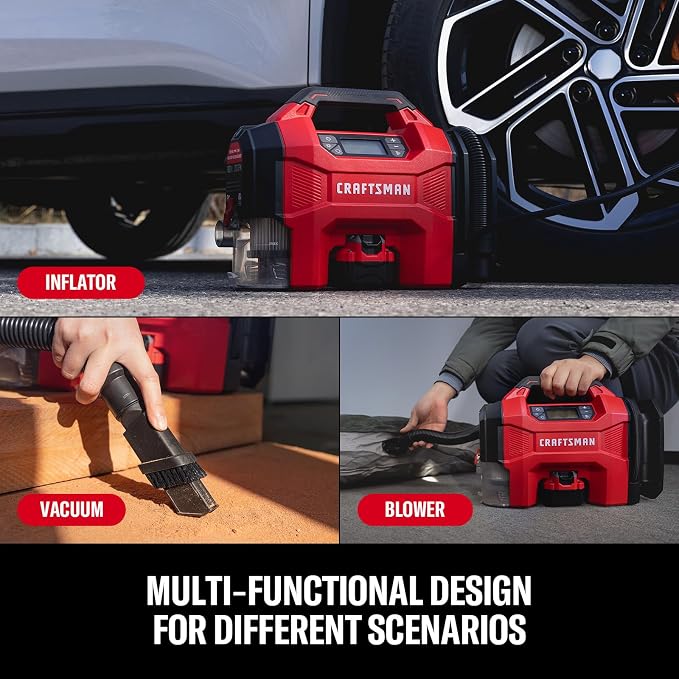 CRAFTSMAN 3-in-1 Tire Inflator, 160PSI Portable Air Compressor/Car Vacuum/Dust Blower, 20V Cordless & 12V Car Power, Air Pump with LED Light for Cars Trucks RV Tires (Battery Sold Separately)