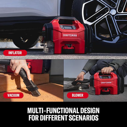 CRAFTSMAN 3-in-1 Tire Inflator, 160PSI Portable Air Compressor/Car Vacuum/Dust Blower, 20V Cordless & 12V Car Power, Air Pump with LED Light for Cars Trucks RV Tires (Battery Sold Separately)
