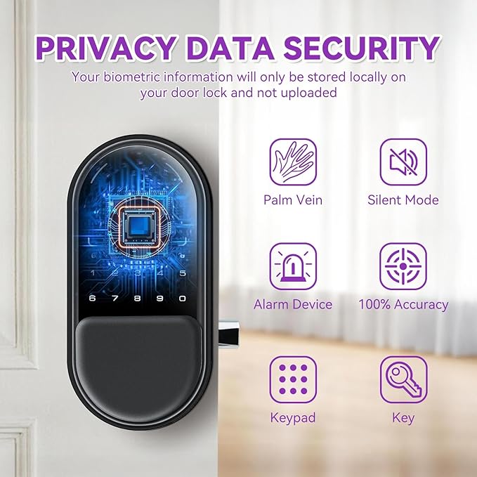 Venotech Palm Vein Smart Lock, 2-in-1 Doorbell Keyless Entry Door Lock with Code Passcode, IP55 Waterproof, Auto Lock, Upgraded Rechargeable Battery, Front Door Smart Lock for Home, Office,
