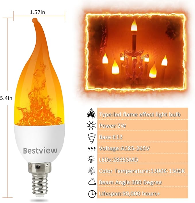 Bestview LED Flame Effect Light Bulbs,3 Modes Flickering Light Bulbs, Smart E12 Chandelier Base Candle Fire Light Bulb for Halloween, Christmas,Party, Porch, Indoor&Outdoor Home Decoration -2 Pack