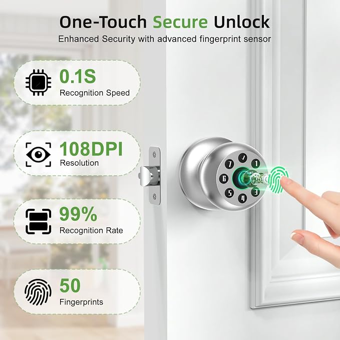 Fingerprint Door Knob, Smart Door Knob, Biometric Door Knob with Code, App Control, Auto Lock, Fingerprint Door Lock,Thumb Print Door Knobs for Bedroom, Office, Apartment，Silver
