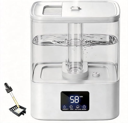 KZF 4L Top Fill Humidifiers for Bedroom & 40H Runtime - Cool Mist Humidifier, 3 Mist Levels, 8H Timer, Essential Oil Tray, Humidity Display, Quiet for Baby, Plants, Large Room (White, 4, Liters)